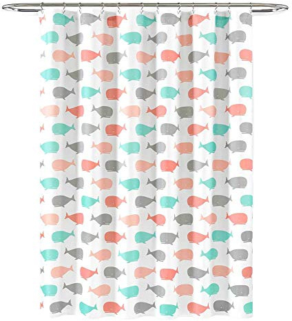 Lush Decor Whale Shower Curtain - Fabric Ocean Fish Animal Print Design for Kids, 72 x 72, Pink and Aqua