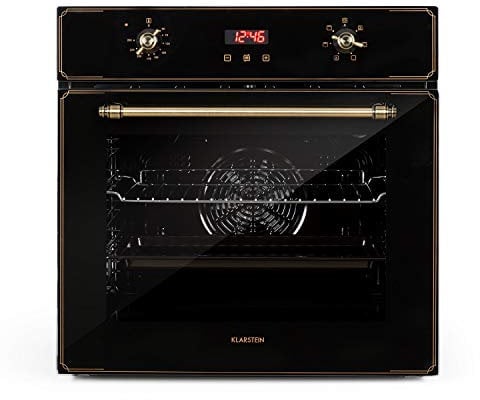 Klarstein Elizabeth - Elektrischer Einbaubackofen, Retro-Design, 70L, EEK A, Autark, Umluft/Ober- / Unterhitze/Grill, 2200 Watt, 50-250 °C, Drehregler und Türgriff in Messingoptik, schwarz