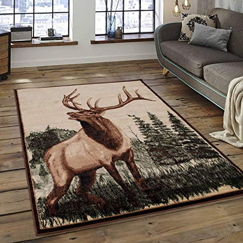 Champion Rugs Rustic Lodge Cabin Decor Elk Deer Fern Pine Trees Area Rug (7 Feet 8 Inch X 10 Feet 8 Inch)