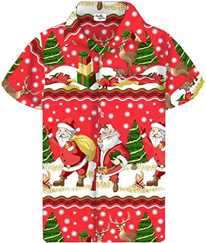 King Kameha Funky-Hawaii-Hemd, Weihnachten, Herren, Kurzarm, Christmas-Border-Print, Rot, 4XL