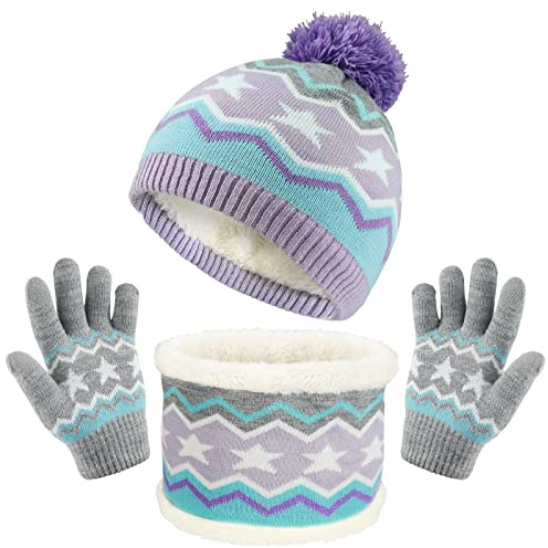TAGVO 3 en 1 Bonnet Chaud écharpe et Gants pour Enfants, Hiver épaissir Polaire Thermique Tricot Chapeau, pour Garçons Filles 3-6 Ans