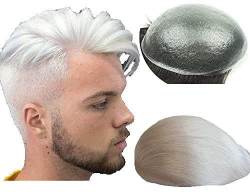 N.L.W. Echthaar Toupet für Männer, 0.04mm V-Loop PU transparentes Europäische Echthaarteile für Männer Haarersatz, Haarteil Ersatz Perücken 10 x 8 (grau)