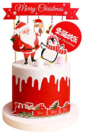 Blumomon 5Pcs Merry Christmas Cake Toppers Decorations Set DIY Pinguin Santa Claus Christmas Cake Banner Cupcake Toppers For Winter Xmas Holiday Frozen Party Supplies