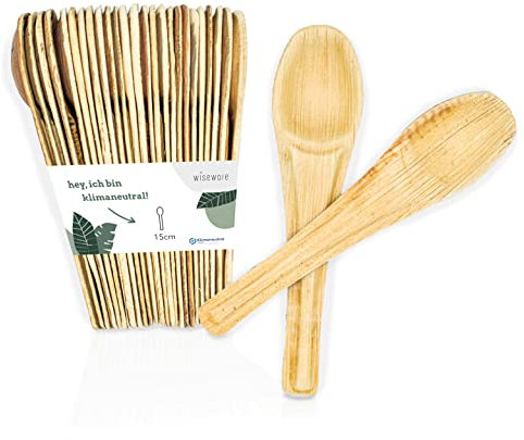 wisefood Cucharas desechables de hoja de palma, 50 unidades, de hoja de palma de 15 cm, cubiertos desechables biodegradables, cubiertos desechables ideales como cuchara sopera o cubiertos de fiesta