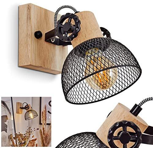 Wandleuchte Orny, Wandlampe im Vintage-Design aus Holz/Metall in Natur/Schwarz, Leuchte in Gitter-Optik m. Lichteffekt u. Holzbalken, Textilkabeln u. verstellbarem Strahler, 1 x E27, ohne Leuchtmittel