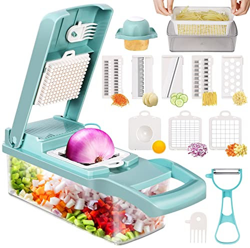 KMASHI 14 in 1 Vegetable Chopper, Multifunctional Mandoline Slicer Dicer Household Kitchen Manual Julienne Grater Cutter for Onion, Garlic, Carrot, Potato,Fruit, Salad Blue