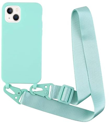 Leather Armor Handykette Hülle für iPhone 13(6.1) mit Band Halsband Lanyard (abnehmbar) Handyhülle,Handyhülle mit Verstellbarer Lanyard,Stoßfest Silikonhülle Handykette Handyhülle .-Türkis