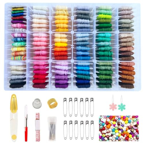 660Pcs Friendship Bracelet String Kit with Storage Box, Embroidery Floss Kit Include 110 Colors Embroidery Thread, 500 Beads, 50 Cross Stitch Tools for Hand Embroidery Knitting Sewing Floss Bobbins