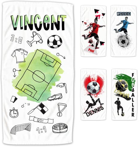 GRAZDesig Fußball Handtuch Duschtuch mit Namen personalisiert | Saugstarkes Badetuch für Jungen Strand-Tuch mit Fußball Motiv für Kicker, für Schwimmunterricht 70x140 cm