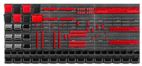 KADAX Werkzeugwandregal Groß, 174x78cm Lagersystem aus robustem Kunststoff, UV-Resistentes Modul-System, Erweiterbare Wandplatten, Werkstattregal für Garage (Rot&Schwarz, 100 tlg.)