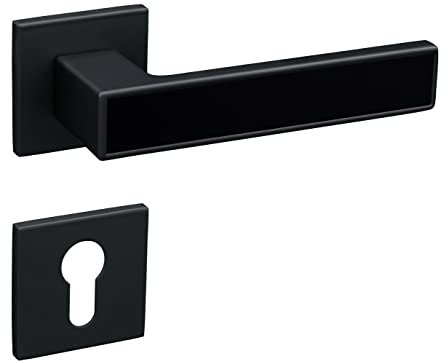 Poignées de porte intérieures modernes, base carrée, rosace fine, PZ cylindre, noir mat