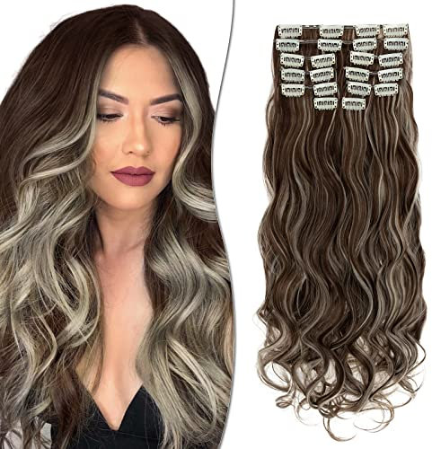 SEGO 55cm Clip in Extensions 12 Teiliges SET 22 Clips wie Echthaar Haarverlängerungen Haarteile Gewellt günstig für Voller Kopf 180g Schokoladenbraun & Bleichblond