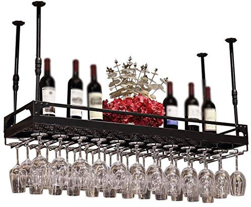 Flaschenregal, schwarz, höhenverstellbar, Weinregal, Deckenregal, schwebende Metallregale, für Bar, Stielgläser, Tür (150 x 35 cm)