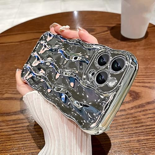 UEEBAI Case for iPhone 14 Pro 6.1 inch, 3D Water Ripple Pretty Cute Curly Wave Frame Shape Bumper Shockproof Soft TPU Slim Lightweight Phone Cover for Women Girls - Silver
