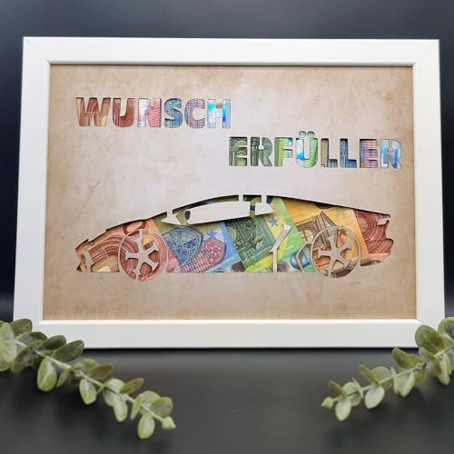 Geldgeschenk Geburtstag Wunscherfüller Geschenk zum verschenken zum Geburtstag Weihnachten Geld mit Bilderrahmen DinA4 Weiß (Auto)