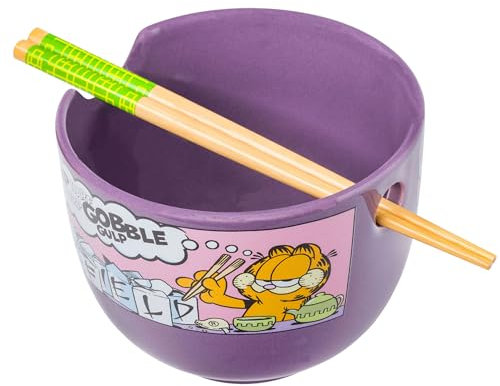 Silver Buffalo Garfield Eating Takeout Keramik-Ramen-Nudel-Reisschale mit Essstäbchen, mikrowellengeeignet, 590 ml