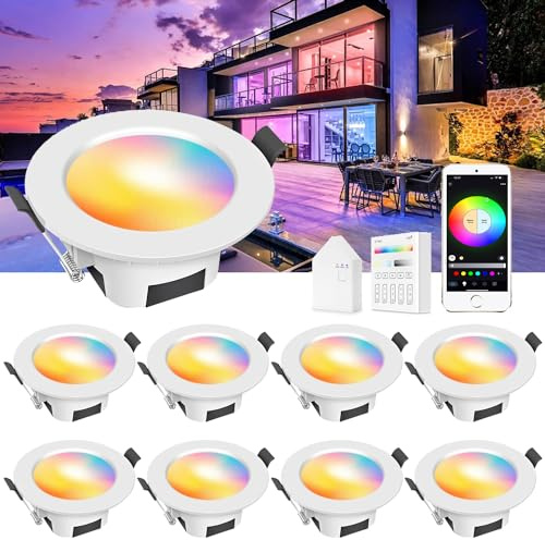 INDARUN 5W 350LM WiFi Led Downlights for Ceiling Dimmable RGBW, Bluetooth Recessed Ceiling Lighting for Living Room, Kitchen, KTV, Bars, Compatible with Amazon Alexa/Google Home (10 Packs)