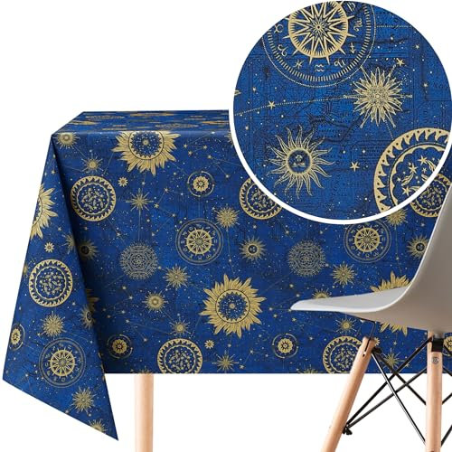 KP HOME PVC Wachstuchtischdecke Rechteckig 300x140 cm - Abwischbare Tischdecke Wasserdichtes für 10 Personen - Vinyl Tischtuch, Tischdecke Kunststoff Blau Astro Gold Starburst Design