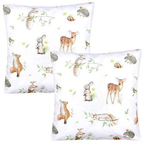 TupTam Kinder Kissenbezug Dekorativ Gemustert mit Hotelverschluss 2er Set, Farbe: Waldtiere/Igel/REH/Fuchs/Kaninchen/Beige, Größe: 80 x 80 cm