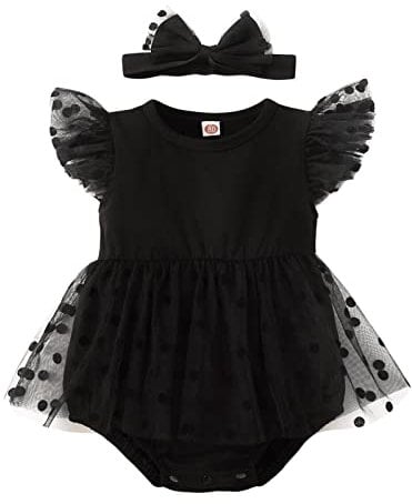 DELIMALI Baby Girl Dress - My Little Black Romper Dress with Short Sleeves, Mesh Stitching, Bowknot, Princess Gown, Party Tutu - (B-Black, 12-18 Months)