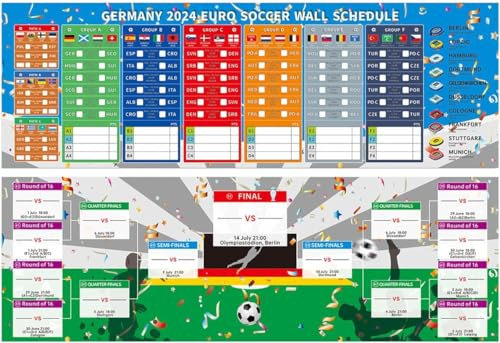 GINGER TECH Poster du championnat d'Europe de football 2024, programme de l’Euro avec drapeaux, dates des matchs, pour décoration de bar, salon Taille L 30 x 90 cm (français non garanti)