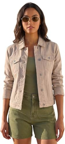 Roman Originals Jean Denim Jacket for Women UK Ladies 100% Cotton Summer Casual Stretch Crop Smart Utility Trucker Biker Fitted Vintage Wash Faded Classic Work Twill - Stone - Size 18