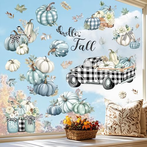 decalmile Fensteraufkleber Blätter Blumen Hallo Herbst Fenster Abziehbilder Herbstblätter Kürbis Lastwagen Anti-Kollision Fensterfolie Glas Fensterdeko Aufkleber