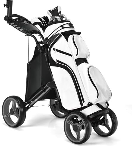 COSTWAY Carrello da Golf a Spinta e a Trazione, Carrello Golf Pieghevole Leggero a 4 Ruote con Borsa Impermeabile, Freno a Pedale, Porta Tazza e Porta Ombrello Regolabile (Grigio)