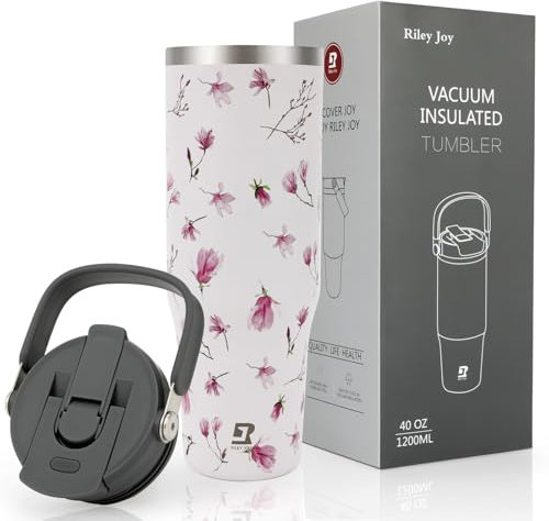 Riley Joy Gourde Isotherme 2.0 - Travel Mug Isotherme 1.2L - Gobelet avec Paille Poignée, Thermos Café pour Chaud ou Glacé en Acier Inoxydable sans BPA pour Voyage Camping