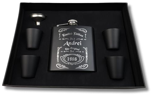 Personalisierter Flachmann Set Mit Gravur - Geschenkidee für Hochzeit und Männer - Edelstahl Flachmann - Trauzeuge Geschenk (Design 2)