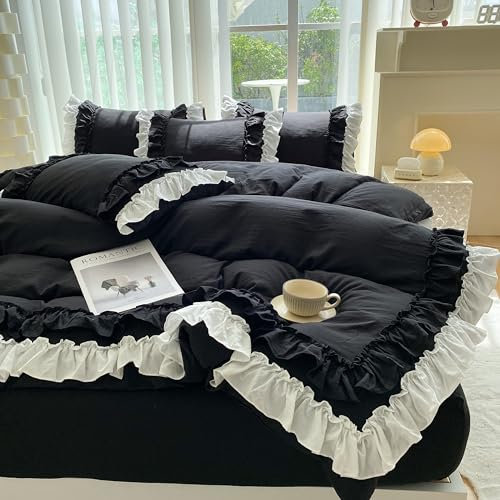 Bettwäsche-Set im Shabby-Chic-Stil, 2-teilig, Vintage-Rüschen, Doppel-Bettwäsche-Set mit 2 Schichten Rüschen, weiche gebürstete Mikrofaser mit Reißverschluss, leichtes Bettbezug-Set, Schwarz,