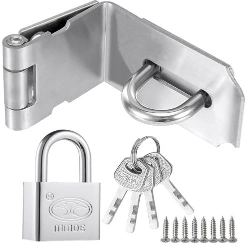 Litensh 90 Degrés Loquet de porte en acier inoxydable avec cadenas, 4 Inch Loquet de Sécurité à Moraillon de sécurité Verrou Porte Fermoir de Cadenas pour chambre à coucher, garage, fenêtre argent