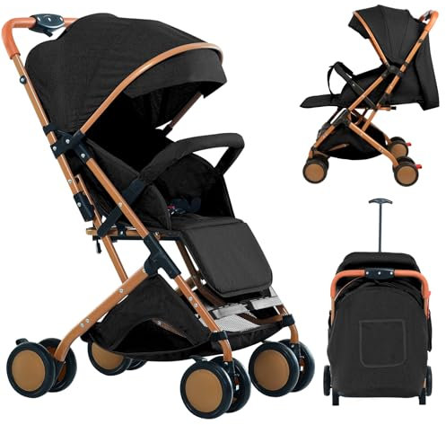 Poussette 3 en 1, Poussette Canne, Trio, Poussette Bebe, Landau Bébé, Accessoires, Adaptateurs Universels, Grandes Roues, 25kg, panier spacieux -B-noir
