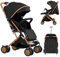 Poussette 3 en 1, Poussette Canne, Trio, Poussette Bebe, Landau Bébé, Accessoires, Adaptateurs Universels, Grandes Roues, 25kg, panier spacieux -B-noir