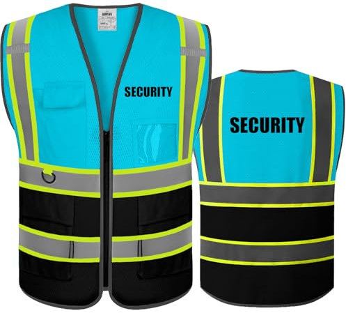 BeautyWill Personalisierte Sicherheitsweste Warnweste mit Text oder Logo und 5 Mehreren Taschen Hohe Reflektivität Warnschutz Arbeitsweste Sicherheitsweste (Blau Schwarz-L)