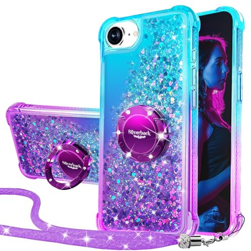 Silverback für iPhone 16E/SE4 Hülle mit Band, Mädchen Glitzer Handyhülle mit Ring, Silikon Flüssigkeit Treibsand Handykette Schutzhülle für iPhone 16e Case - LILA
