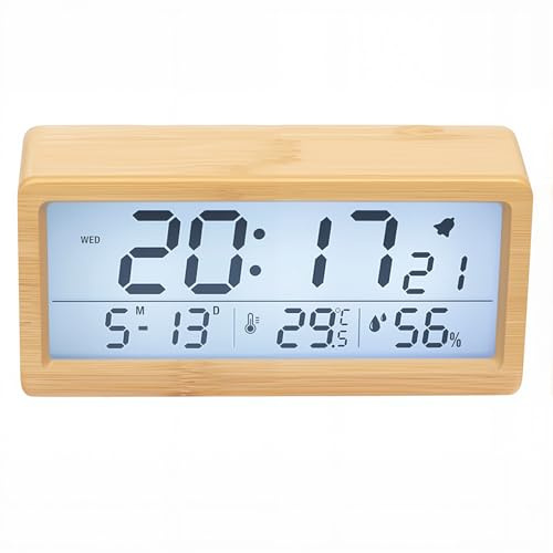 Fesatccoz Digitaler Wecker, Wecker Holz Mit Großes LCD Display, Tischuhr Digital Mit Temperatur Luftfeuchtigkeitsanzeige Und Nachtlicht, Batteriebetriebene Tischuhr Im Holzdesign