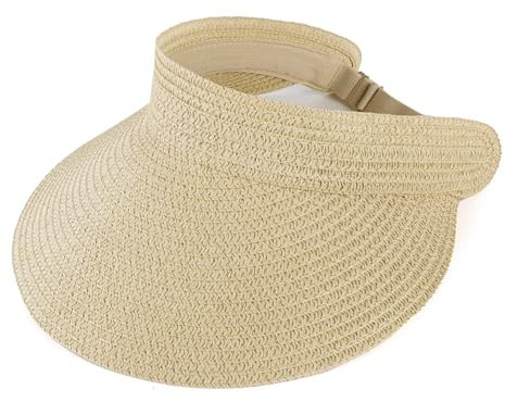 HeyCaps Women’s Visor Straw Hat - Summer Foldable Sun Protection Travel Breathable Adjustable Wide Brim Casual Beach Hat Stylish Beige