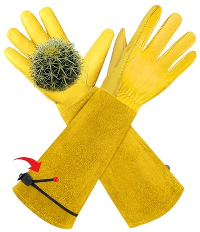AMFUN Guanti da Giardinaggio in Pelle, Guanti di Sicurezza da Lavoro Resistenti Alle Spine, Maniche Lunghe per Avambraccio per Potatura Delle Rose, Giardinaggio, da Costruzione (L)