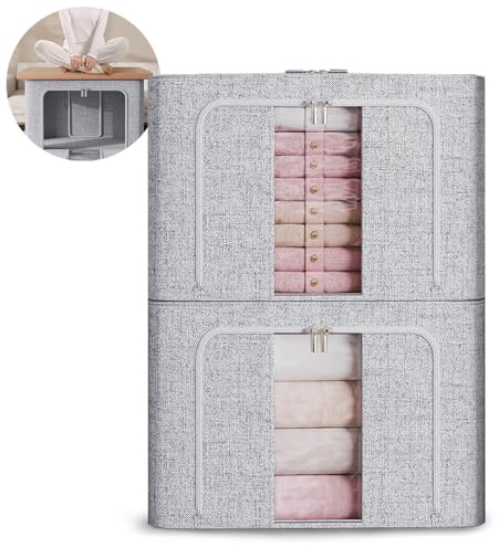 FYTXSZ Clothes Storage Boxes 66L with Metal Frame, Foldable Fabric Storage Bins with Lid and Clear Window, Stackable Organizer Box with Zipper and Handles for Closet, Bedroom (Fog Grey, 66L-2Pack)