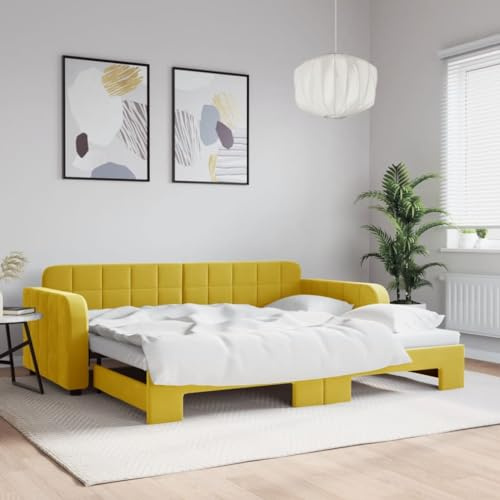 Teenpull Tagesbett Ausziehbar Gelb 90x200 cm, Samt Bezug, bequemes Schlafsofa für Gästezimmer. Robustes Bett Gestell, Polster Kopfteil, vielseitige Plattform Möbel.