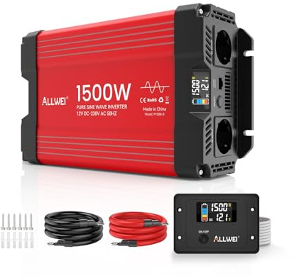 ALLWEI 1500W Reiner Sinus Wechselrichter 12v auf 230v Spannungswandler für Zuhause, Wohnmobil, LKW, netzunabhängige Solaranlagen Wechselrichter Inverter 12v 220v,Spitzenleistung 3000W