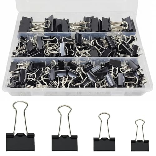 170Pcs Binder Clips,Assorted Sizes Bulldog Clips 32mm 25mm 19mm 15mm Metal Foldback Clips Paper Clips Clamps for Office Supplies, Home, Kitchen, Shops, School Document Organizing (Black)