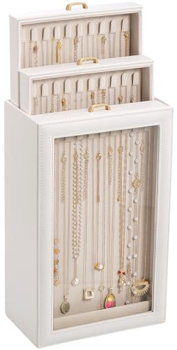 Lolalet Necklace Organizer Box, Jewellery Storage Boxes with Clear Lid for Necklaces, Tangle-Free Necklace Display Case for Women Girls -White, 3-Layer