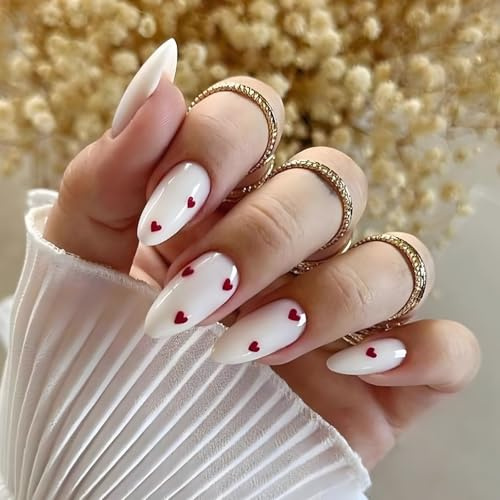 Medium Almond Press on Nails - 24pcs Oval Milky White False Nails - Red Heart French Fake Nail with Glue - Acrylic Glossy Full Cover Reusable Stick on Nails Nail Art for Women Valentine's Day