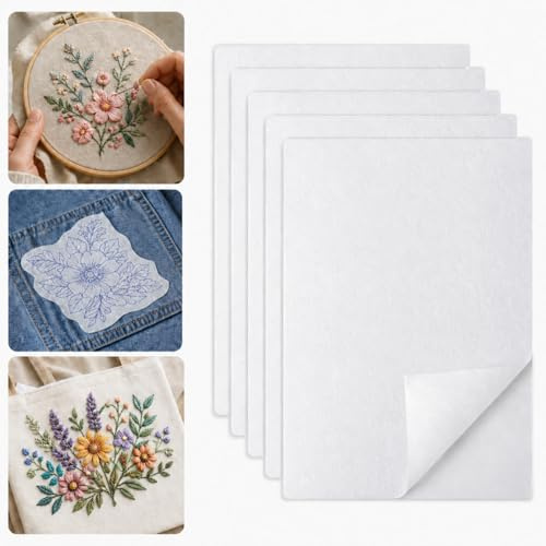 Genthread 5 Stück A4 (29,7x21cm) Stickvlies Selbstklebend Wasserlöslich Bedruckbares Stickpapier, Geeignet für Stickmuster, wasserlösliche Materialien und DIY-Kleidung