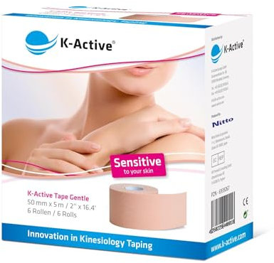 K-Active Kinesiologie Tape GENTLE mit STRATAGEL® Klebertechnologie für empfindliche Haut, 50 mm x 5 m, 6 Rollen