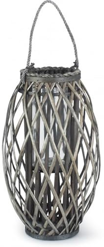 Large Grey Wash Willow Candle Lantern Rope Handle Glass Jar 49cm Tall