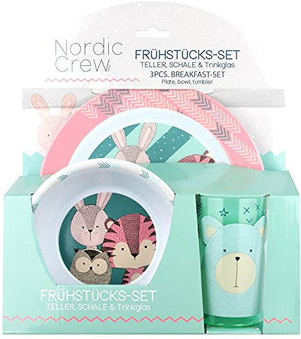 P:os 30354 - Frühstücks-Set mit Nordic Crew Motiv, 3-teiliges Geschirr-Set mit Teller, Müsli-Schale und Trink-Becher, Kinder-Service aus Kunststoff