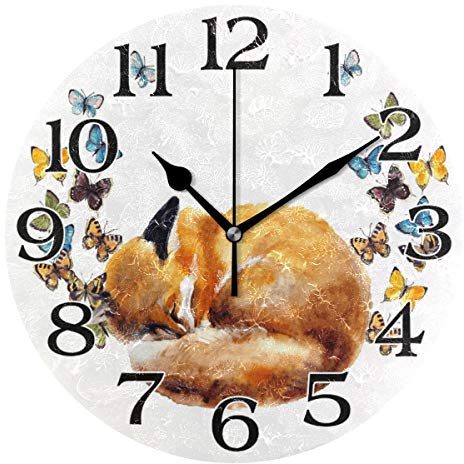 linomo Wanduhr mit niedlichem Fuchs und Schmetterling, geräuschlos, nicht tickend, quadratisch, leise für Küche, Wohnzimmer, Schlafzimmer, Badezimmer, Büro